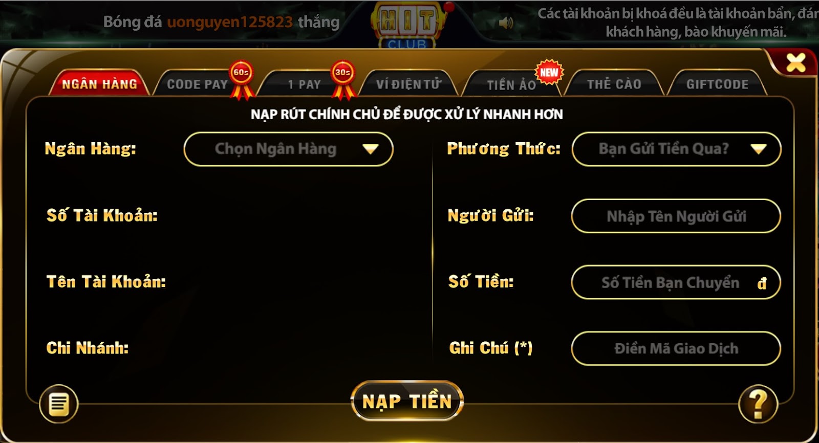 Hình thức nạp rút tại Hit Club